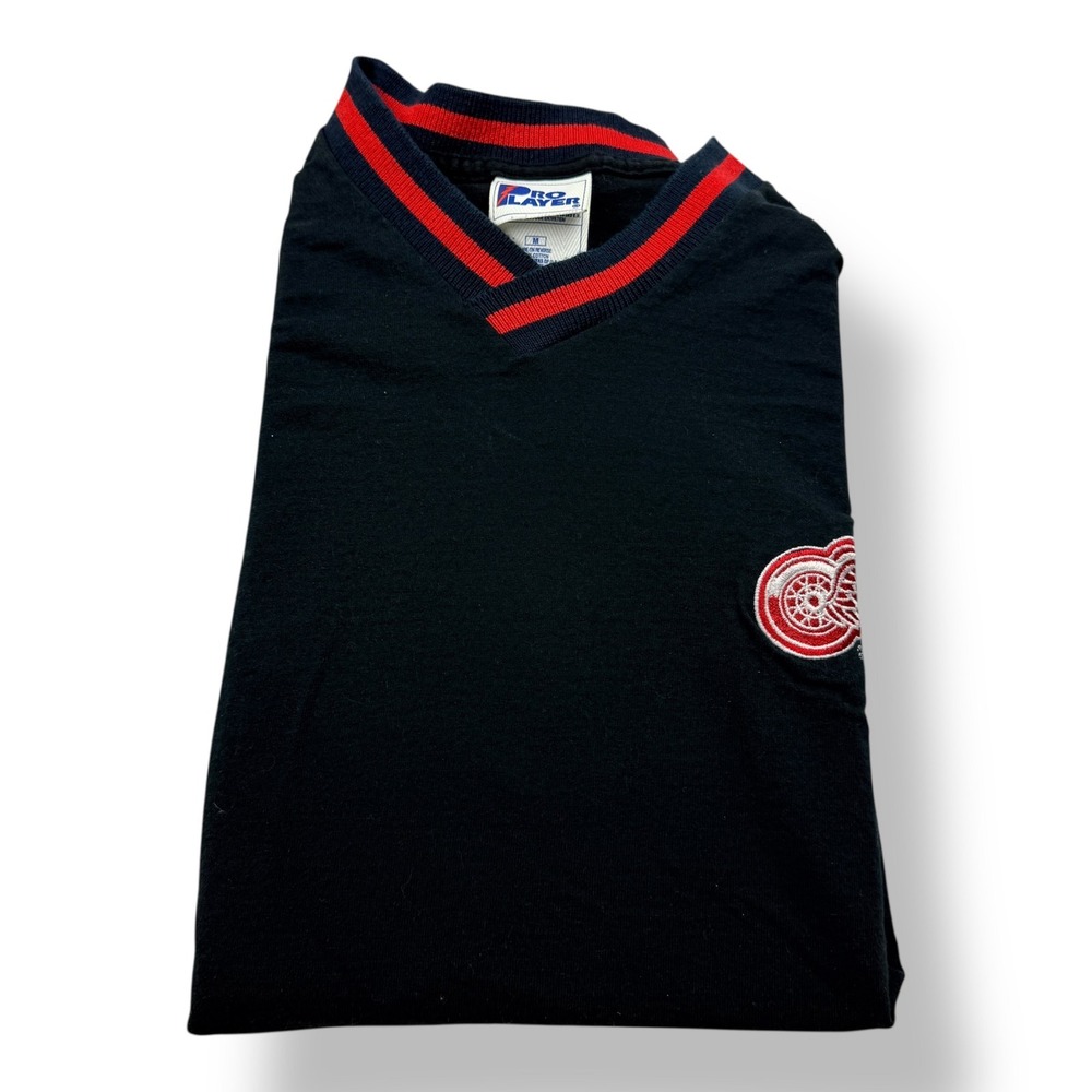 Vintage Pro Player Detroit Red Wings V-Neck T-Shirt Mens Medium Black‎ NHL 90s